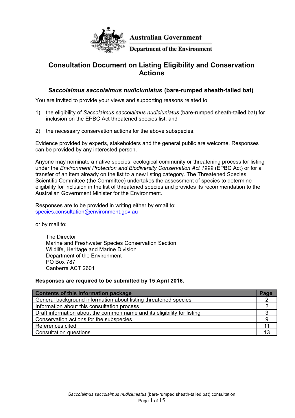 Consultation Document on Listing Eligibility and Conservation Actions Saccolaimus Saccolaimus