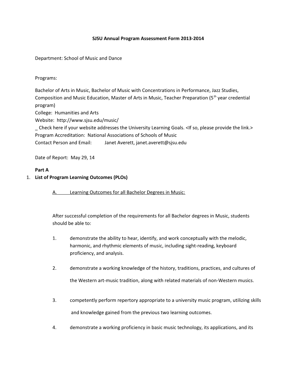 SJSU Annual Program Assessment Form 2013-2014
