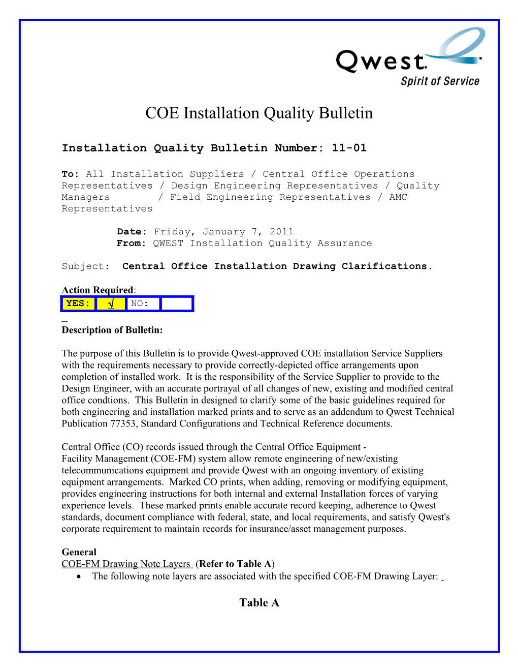 Installation Quality Bulletin 11-01