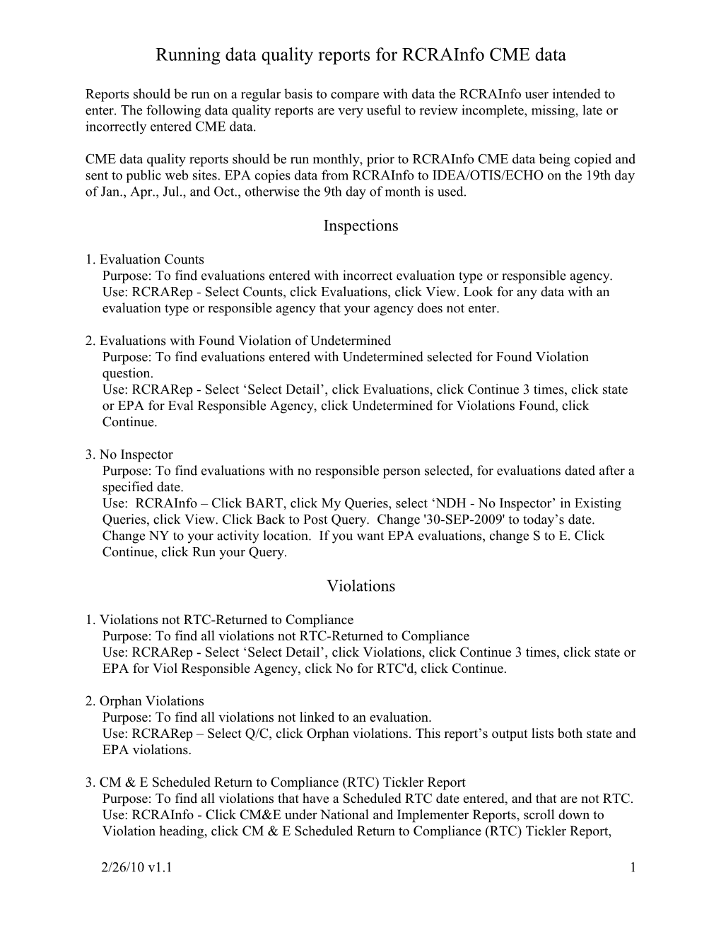 Running Data Quality Reports for Rcrainfo CME Data