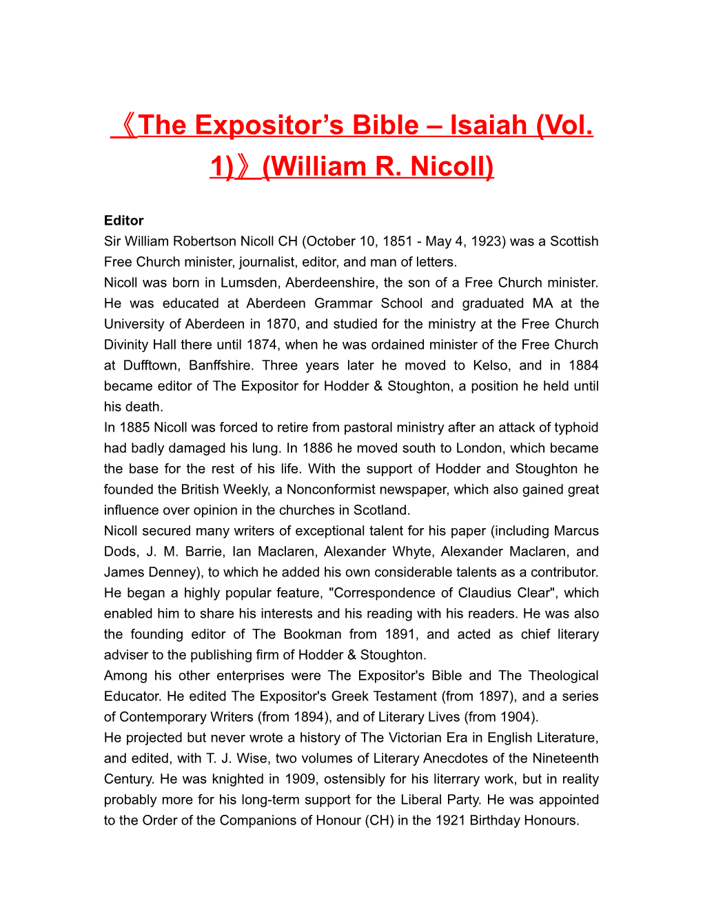 The Expositor S Bible Isaiah (Vol. 1) (William R. Nicoll)