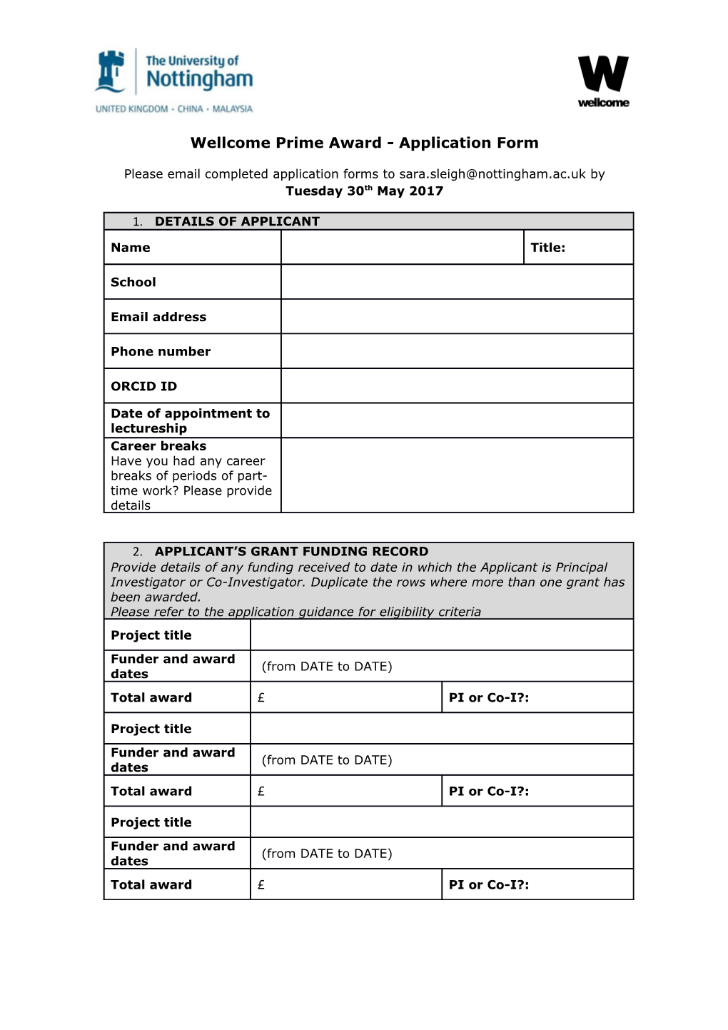 Wellcome Prime Award - Application Form