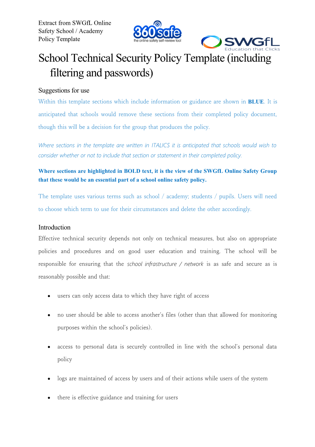 School Technical Security Policy Template (Including Filtering and Passwords)