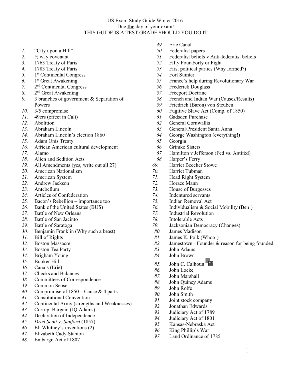 US Exam Study Guide Winter 2016