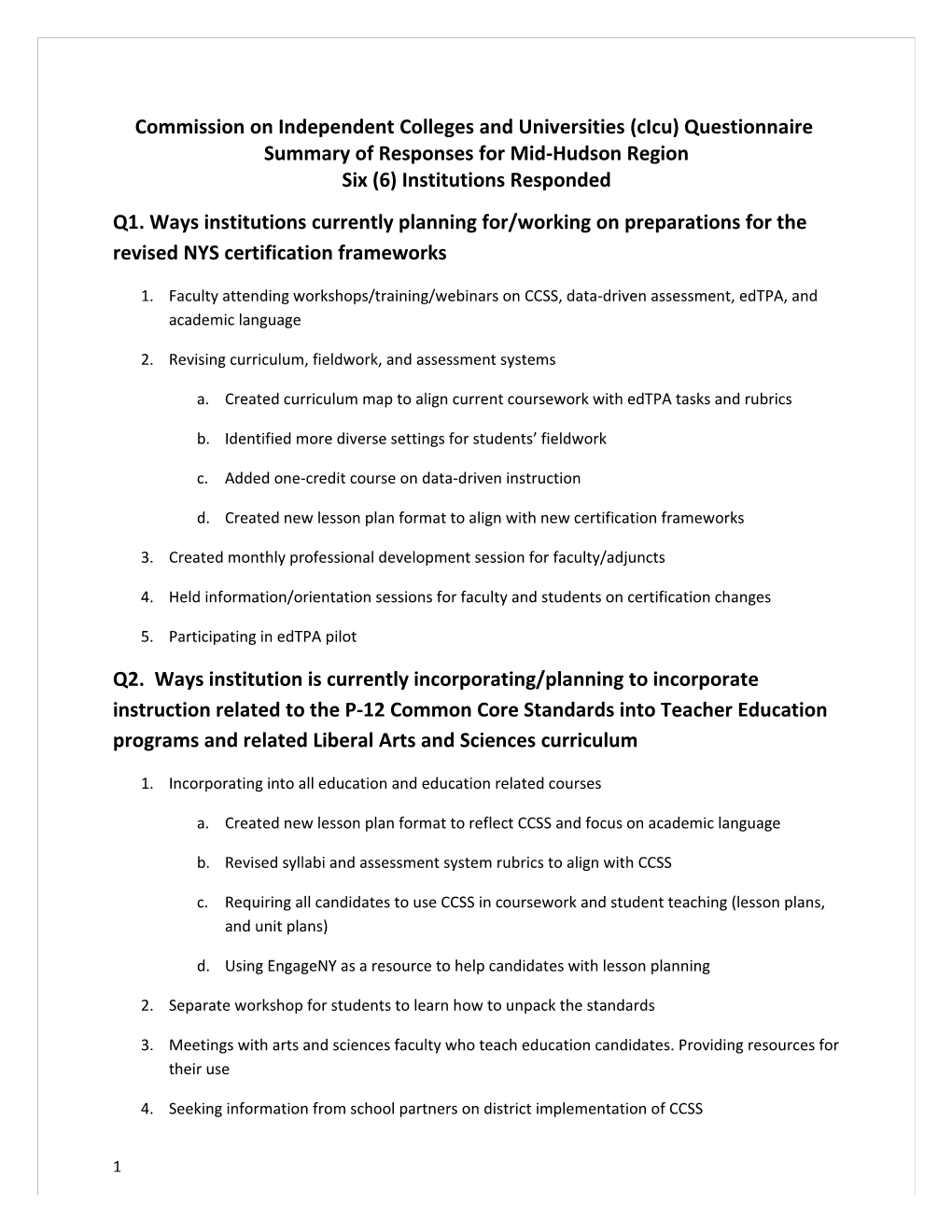 Commission on Independent Colleges and Universities (Cicu) Questionnaire