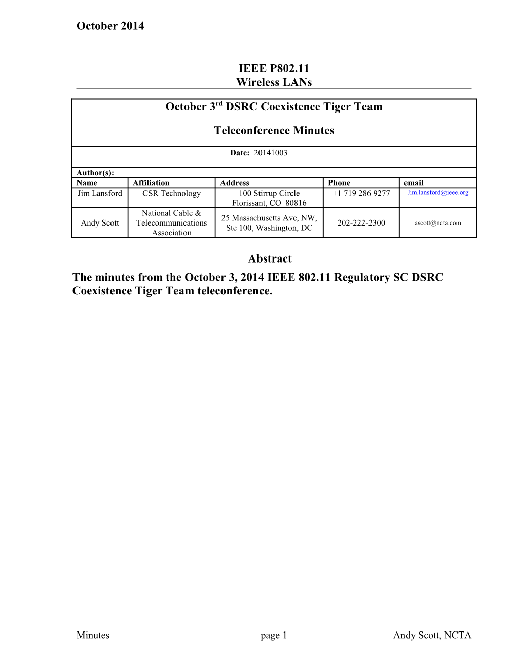 IEEE 802.11 Regulatory SC DSRC Coexistence Tiger Team Teleconference