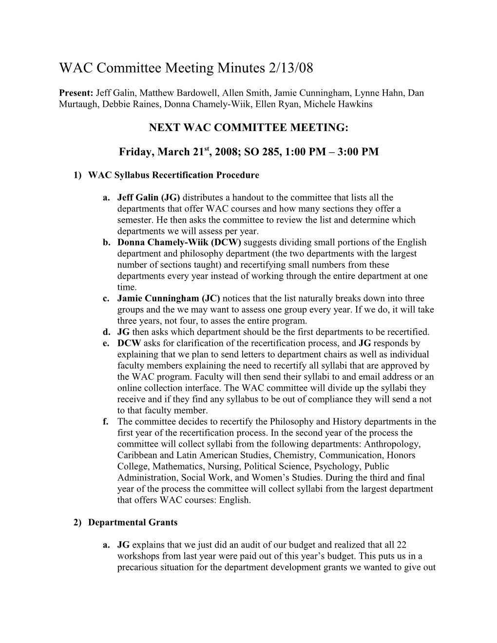 WAC Committee Meeting Minutes 2/13/08