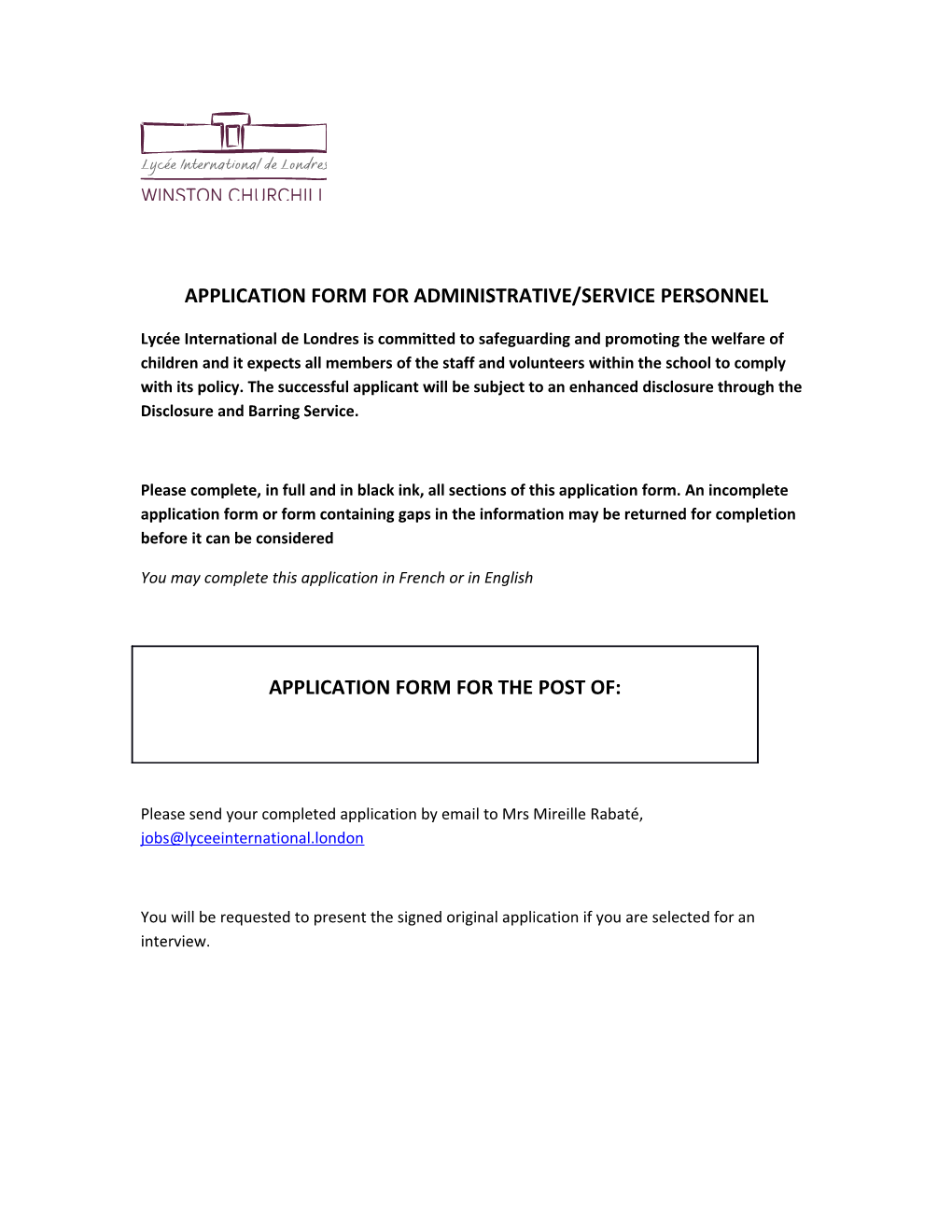 Application Form for Administrative/Service Personnel