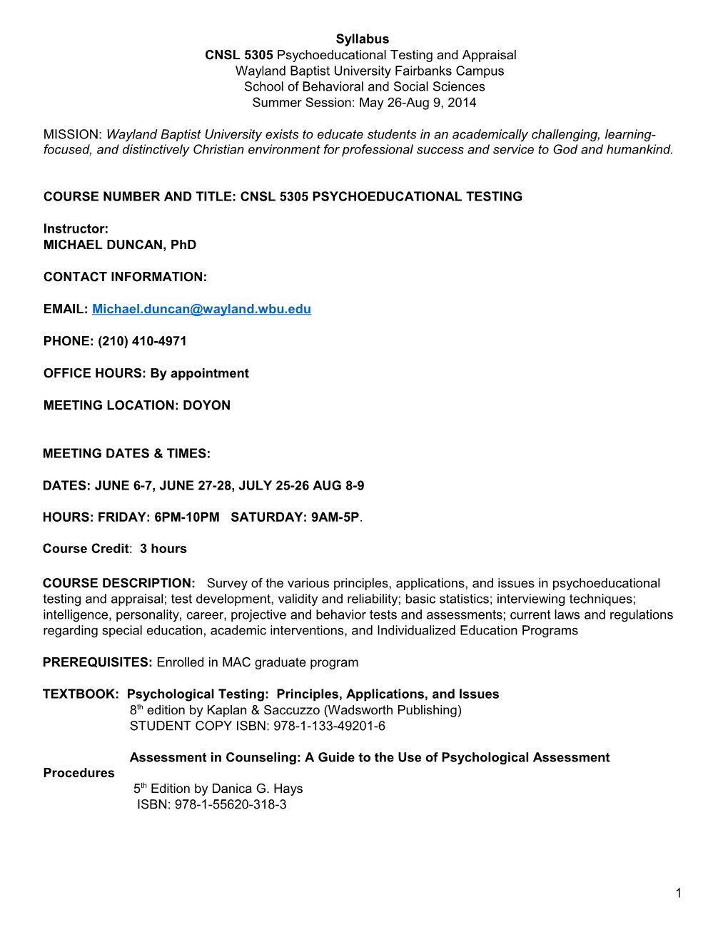 CNSL 5305 Psychoeducational Testing and Appraisal