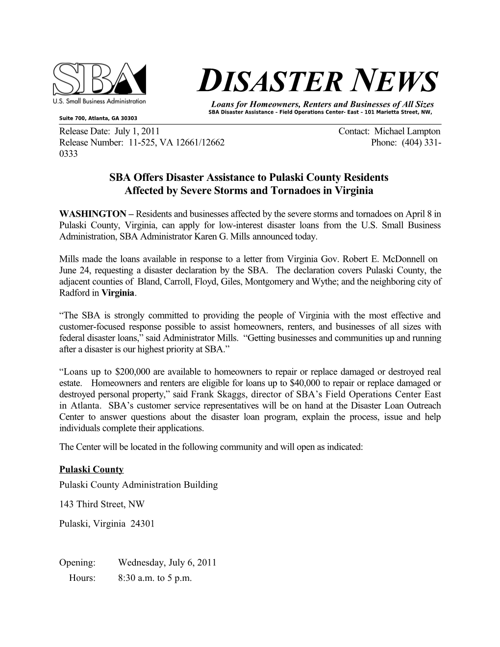 SBA Offers Disaster Assistance Topulaski Countyresidents