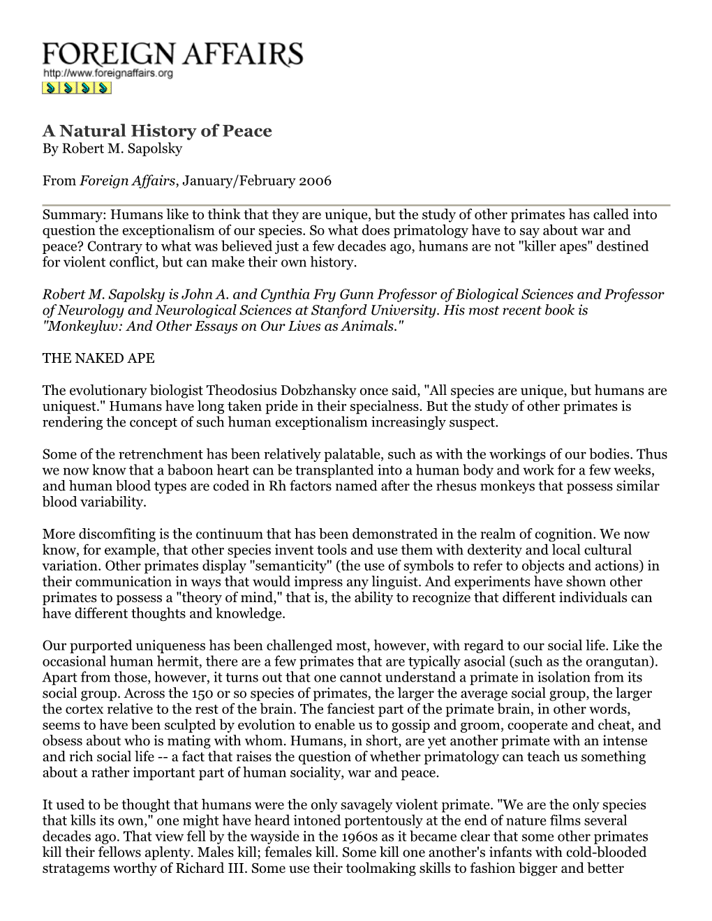 A Natural History of Peace by Robert M. Sapolsky