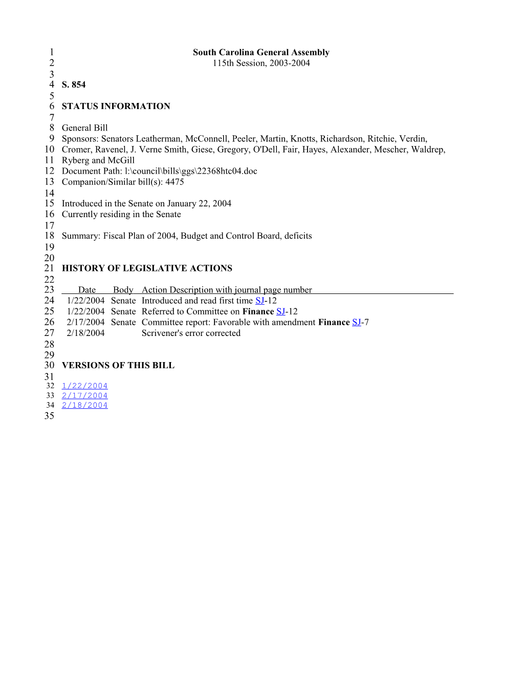 2003-2004 Bill 854: Fiscal Plan of 2004, Budget and Control Board, Deficits - South Carolina