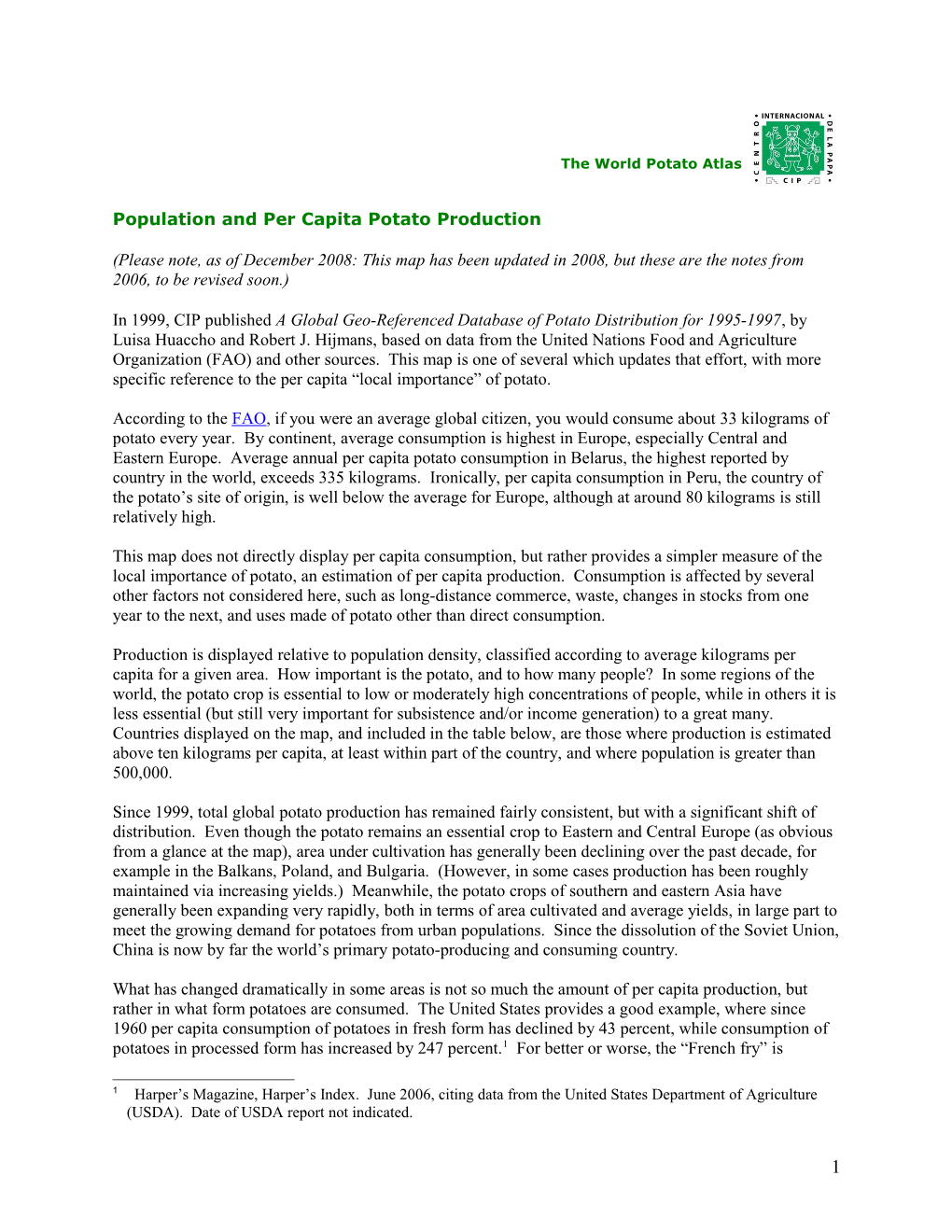 Population and Per Capita Potato Production