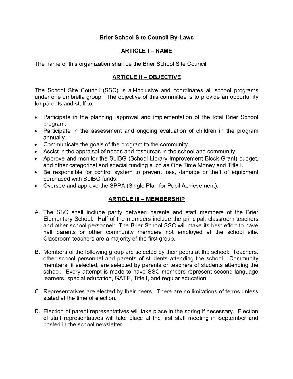 Brier School Site Council By-Laws