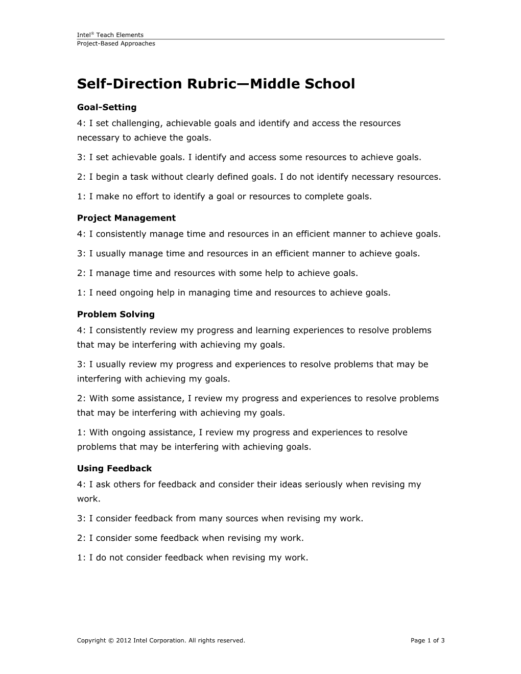 Self-Direction Rubric Middle School