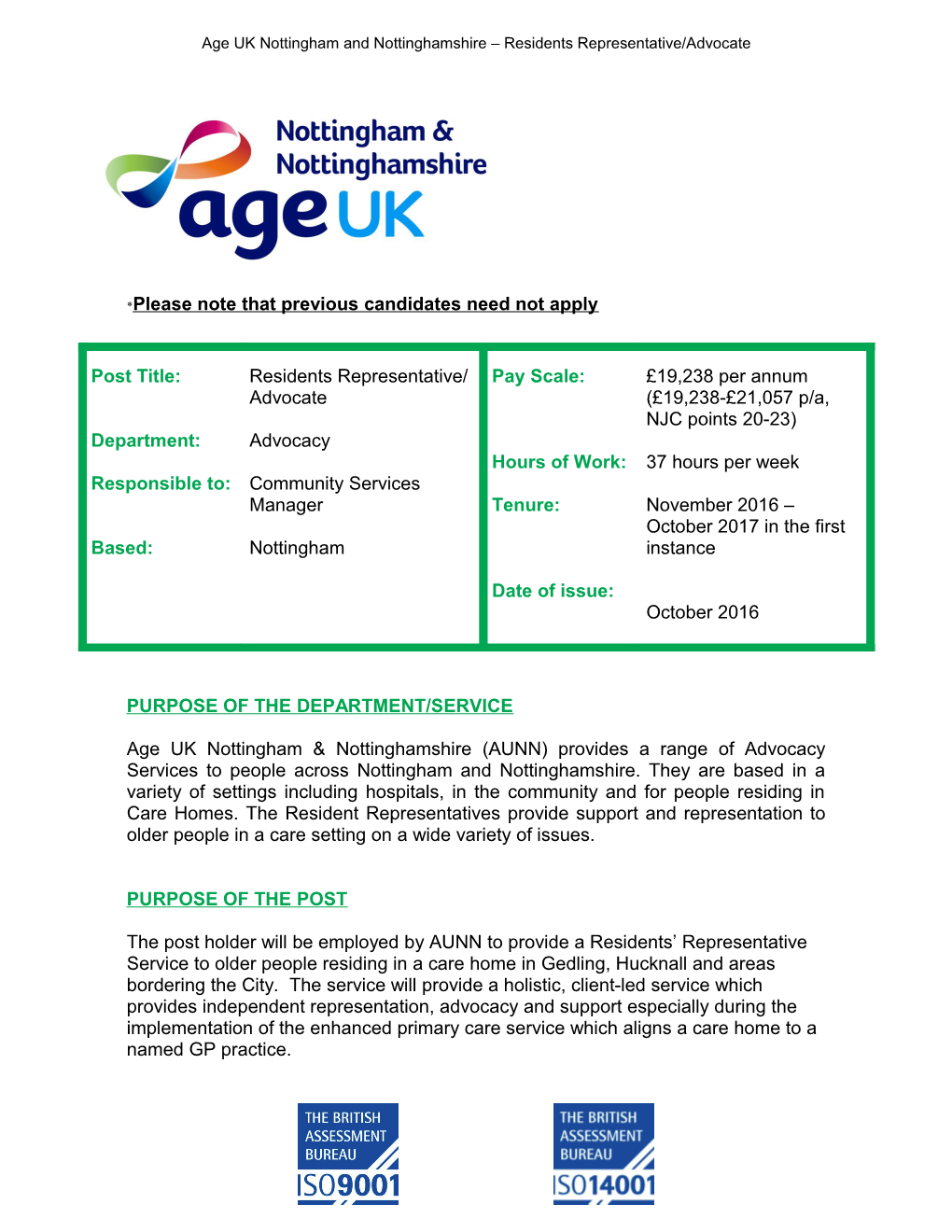 Age UK Nottingham and Nottinghamshire Residents Representative/Advocate