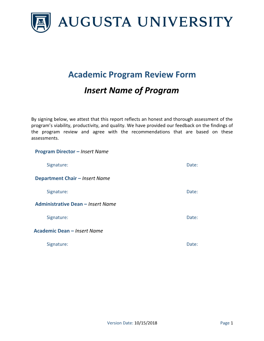 Augusta University Academic Program Review Form
