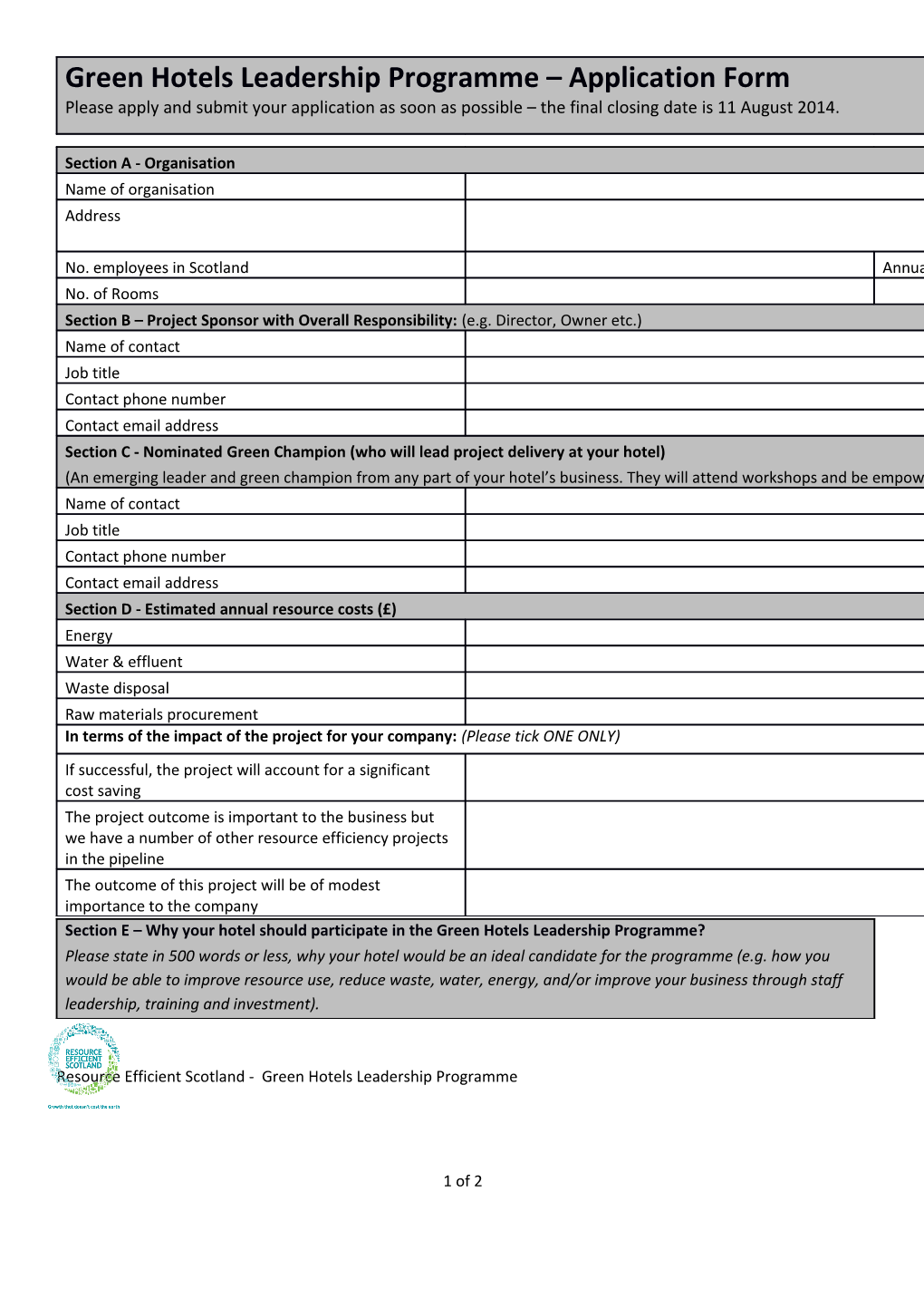 Green Hotels Leadership Programme Application Form