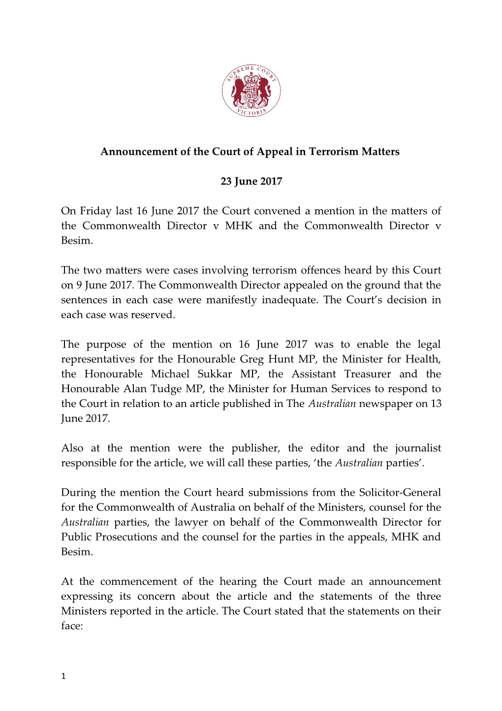 Announcement of the Court of Appeal in Terrorism Matters