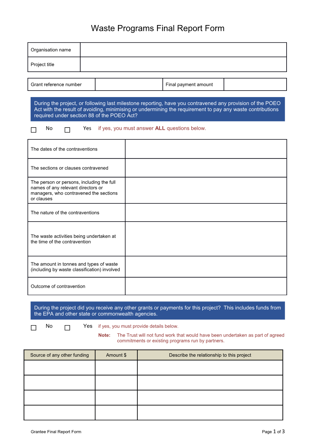 Waste Programs Milestone Report Form