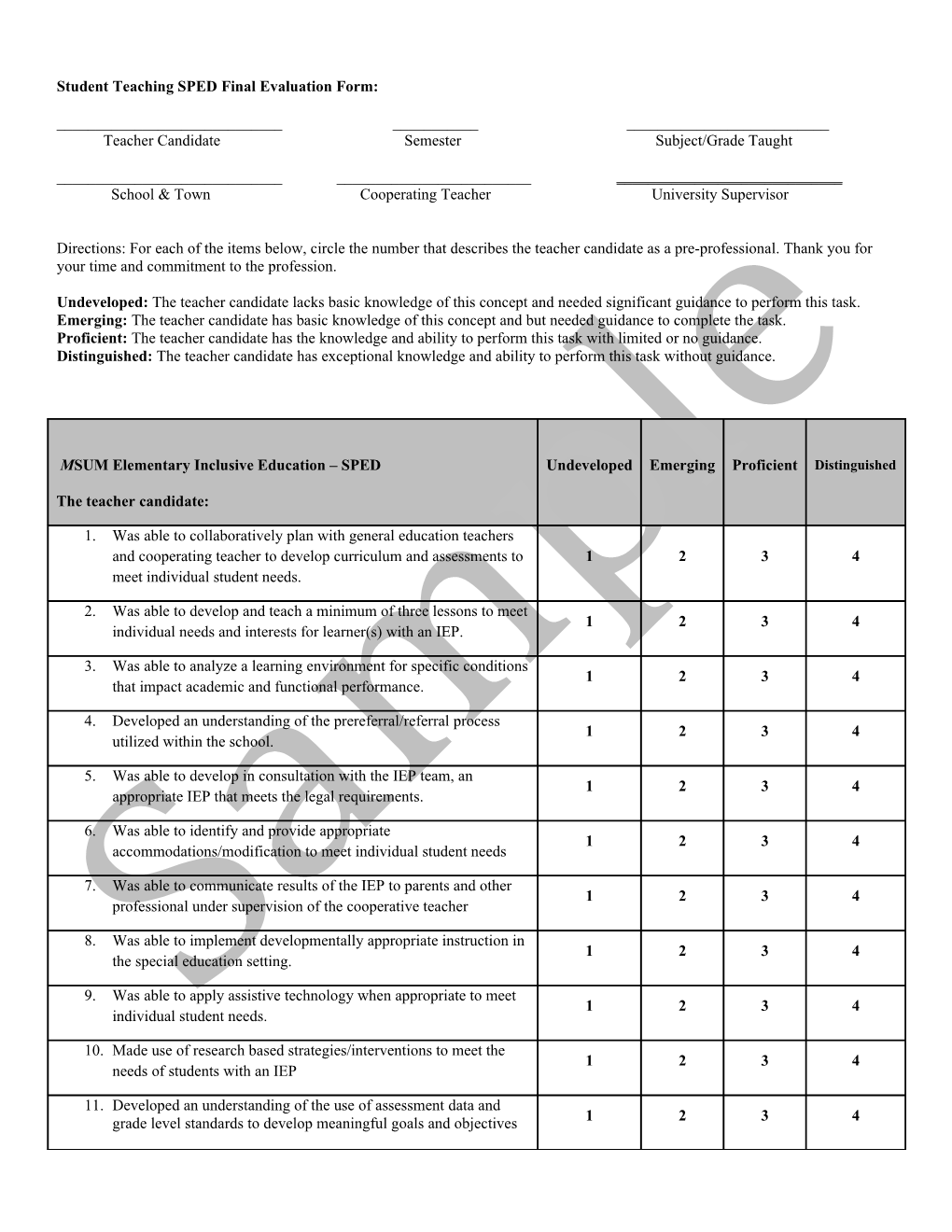 Student Teaching Spedfinal Evaluation Form