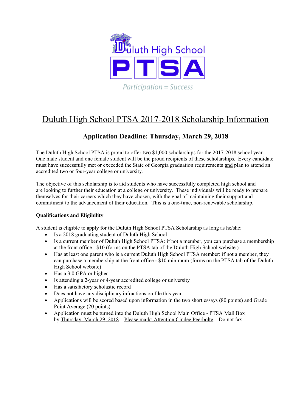 Duluth High School PTSA 2017-2018Scholarship Information