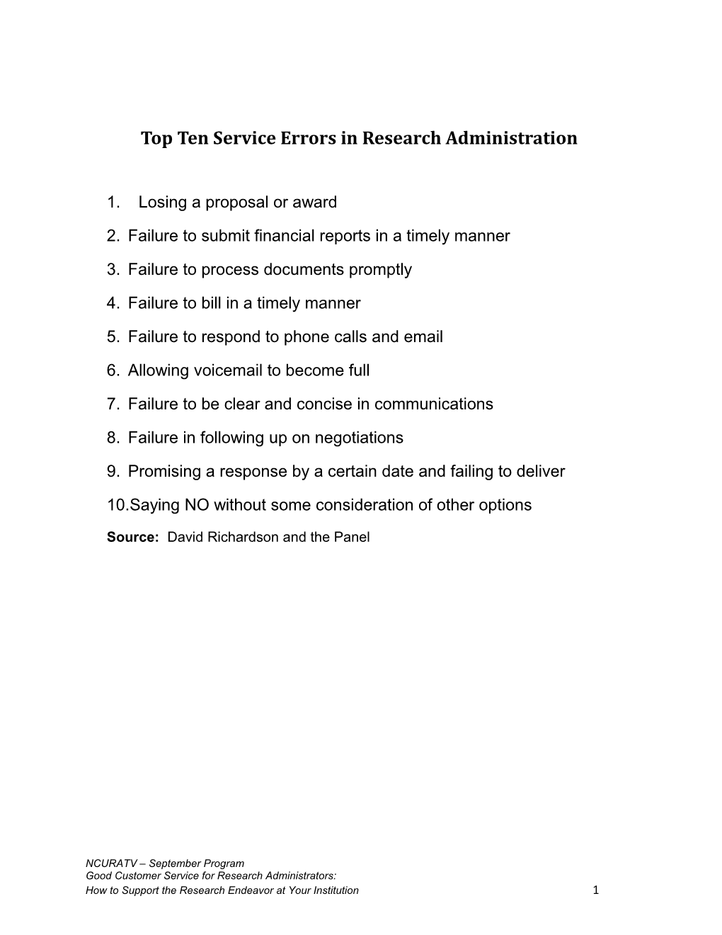 Top Ten Service Errors in Research Administration