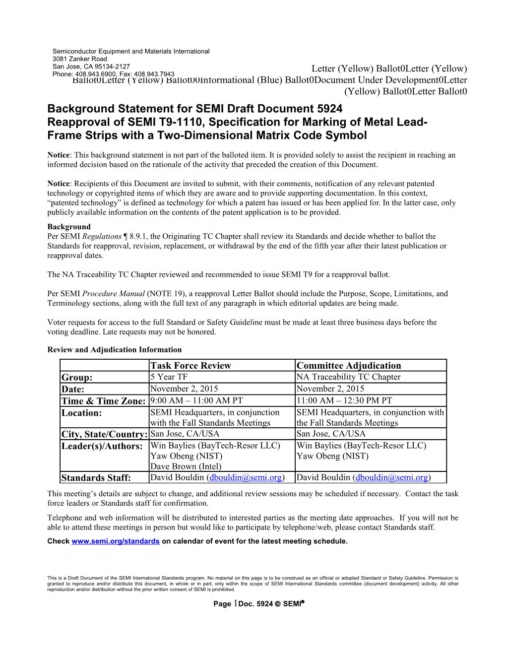 Background Statement for SEMI Draft Document 5924