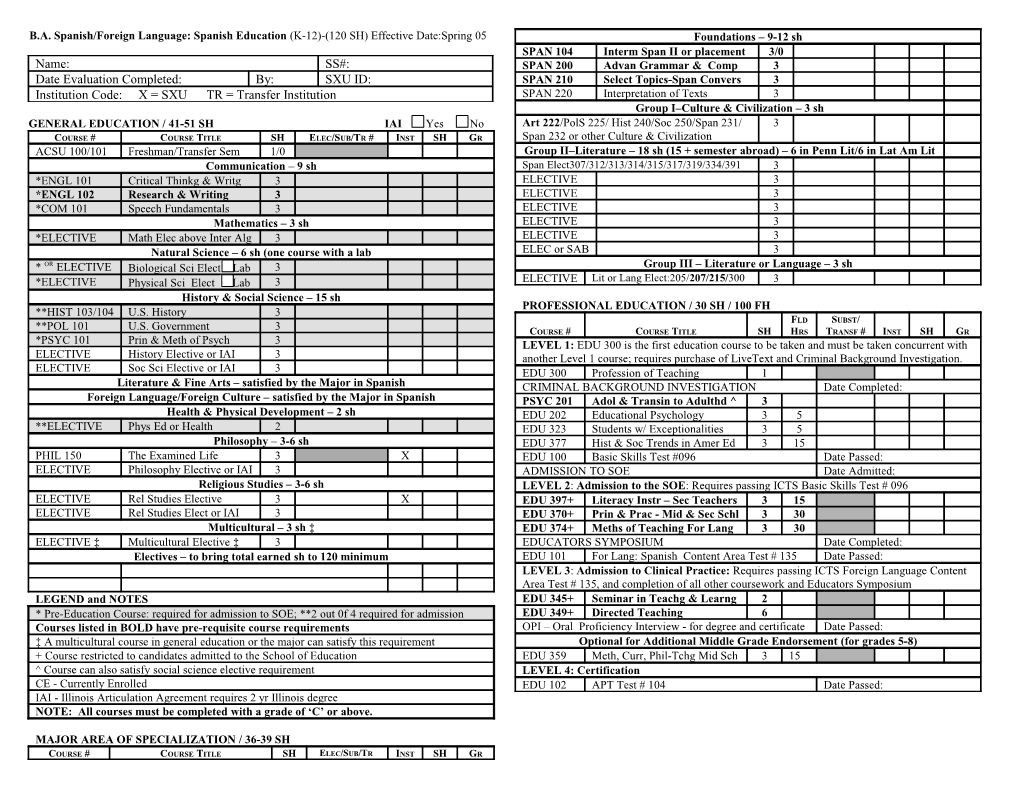 B.A. Spanish/Foreign Language: Spanish Education (K-12)-(120 SH)Effective Date:Spring 05