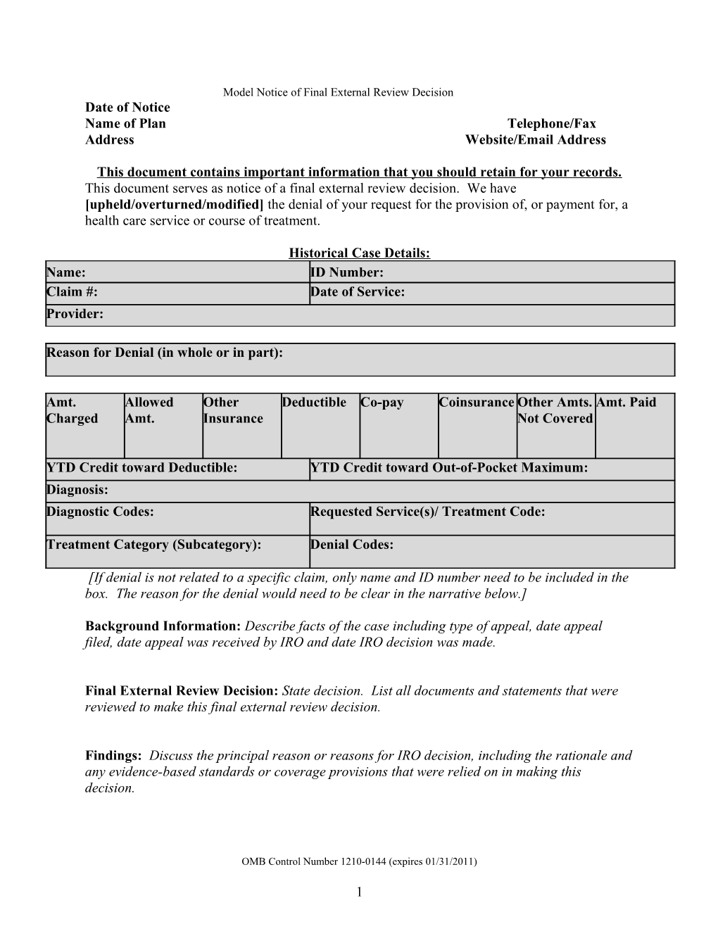 Model Notice of Adverse Determination