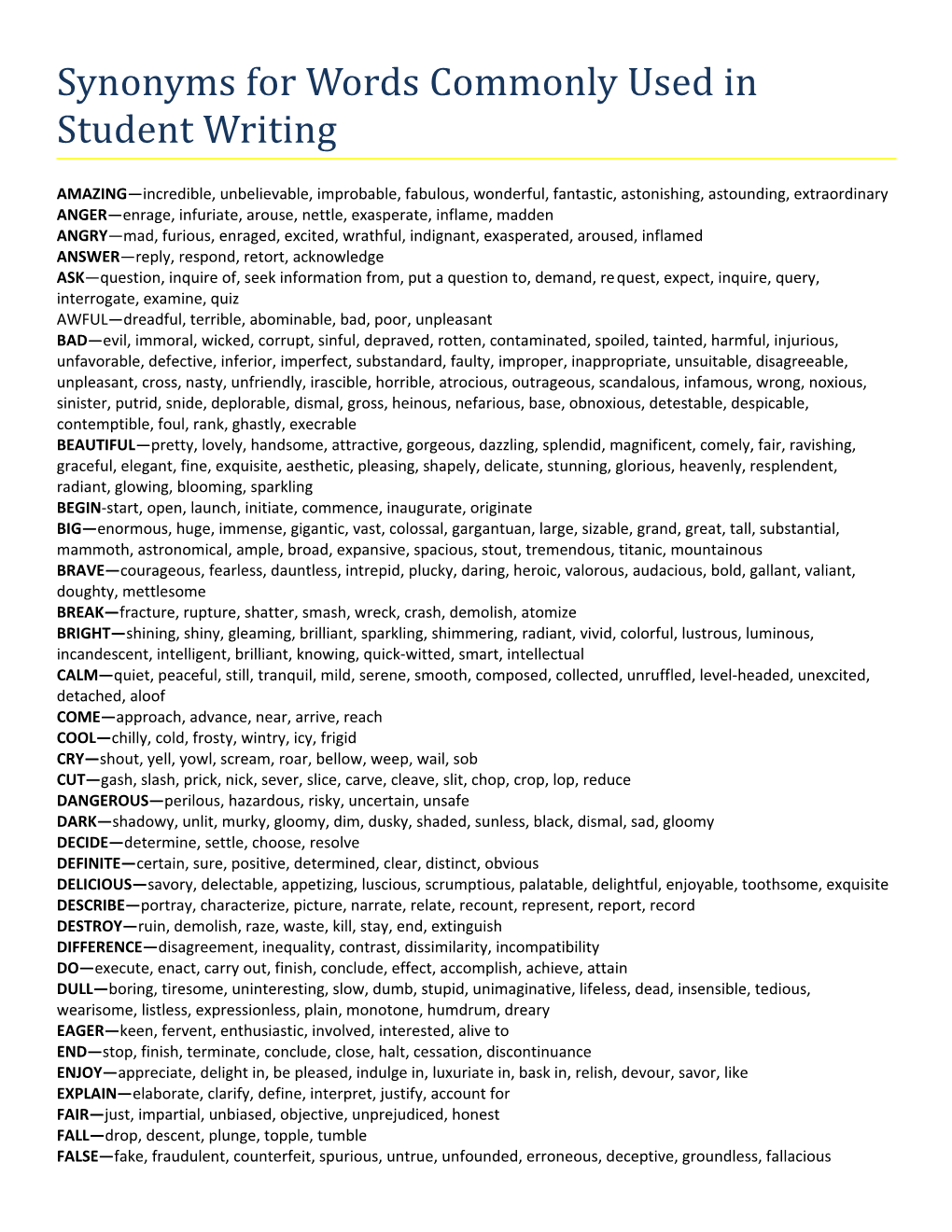 Synonyms for Words Commonly Used in Student Writing