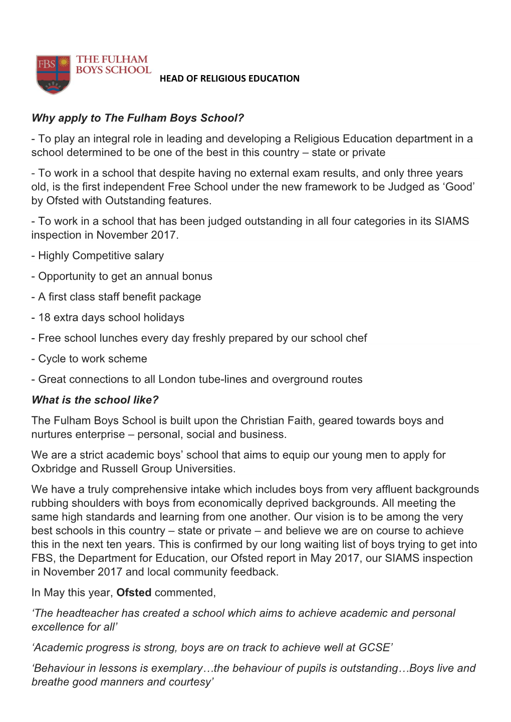 Why Apply to the Fulham Boys School?