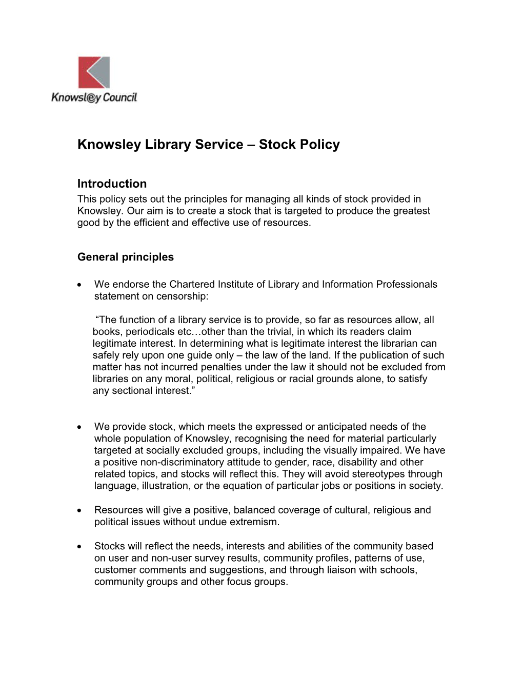 Stock Policy Document