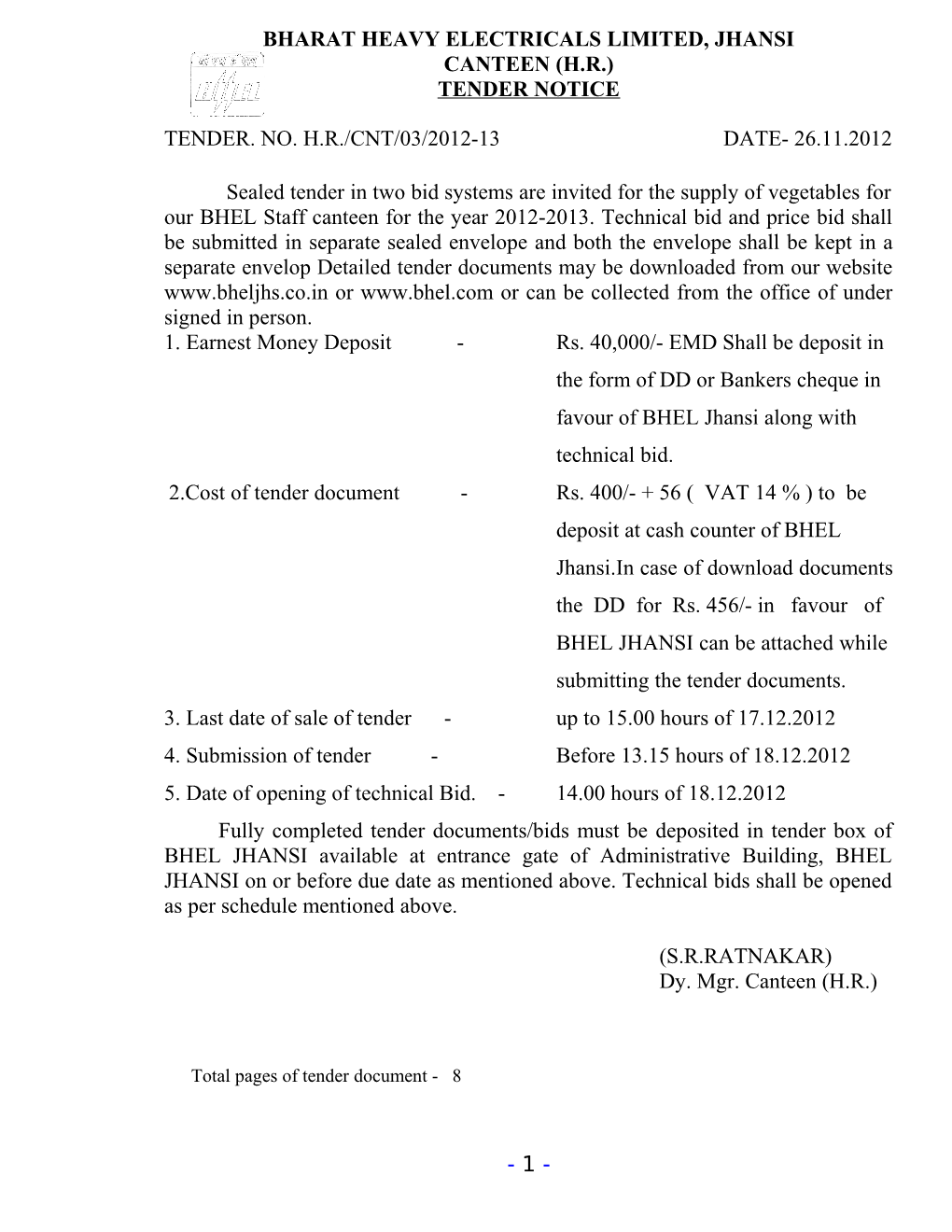 Subject : Annual Contract for the Supply of Vegetables for The