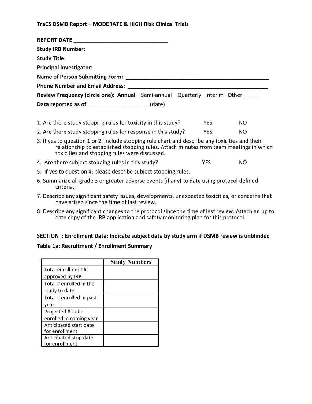 Tracs DSMB Report MODERATE & HIGH Risk Clinical Trials