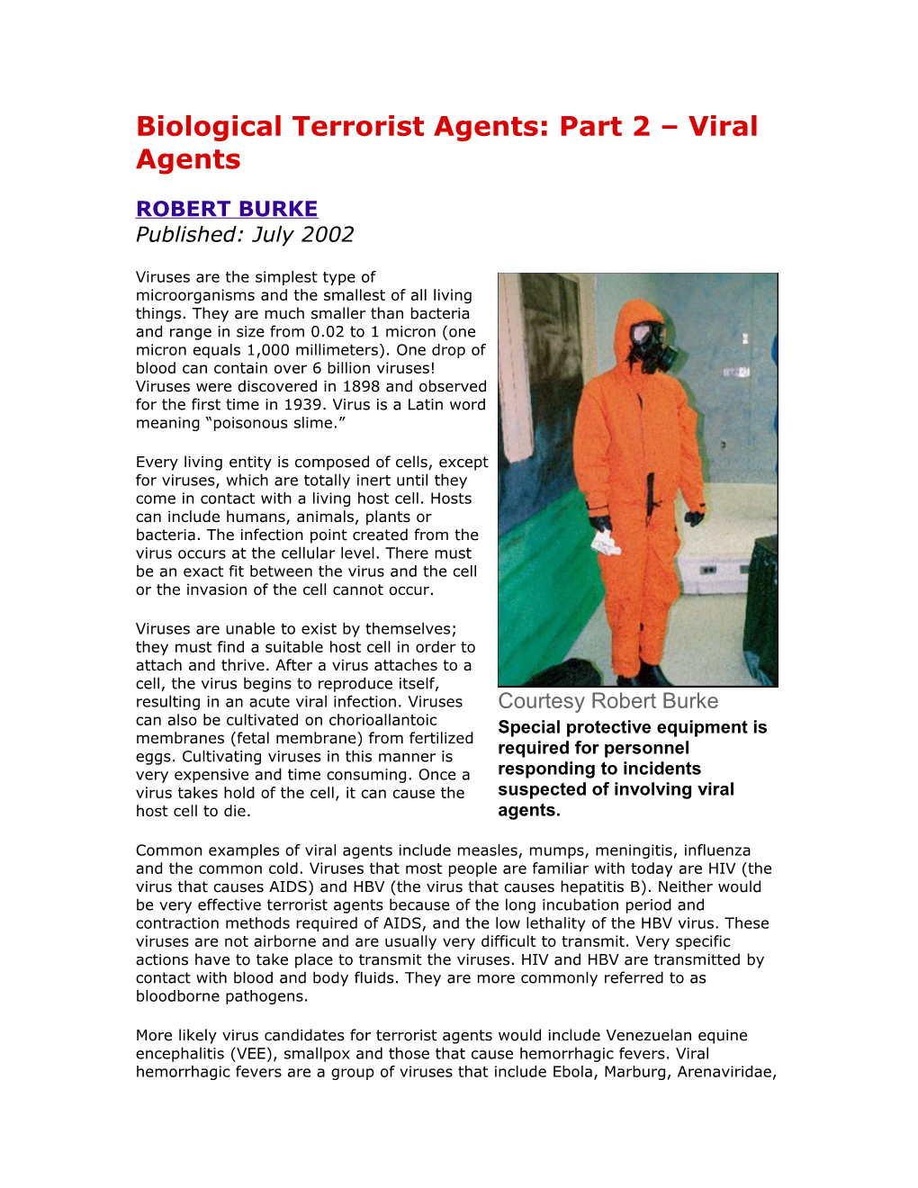 Biological Terrorist Agents: Part 2 Viral Agents
