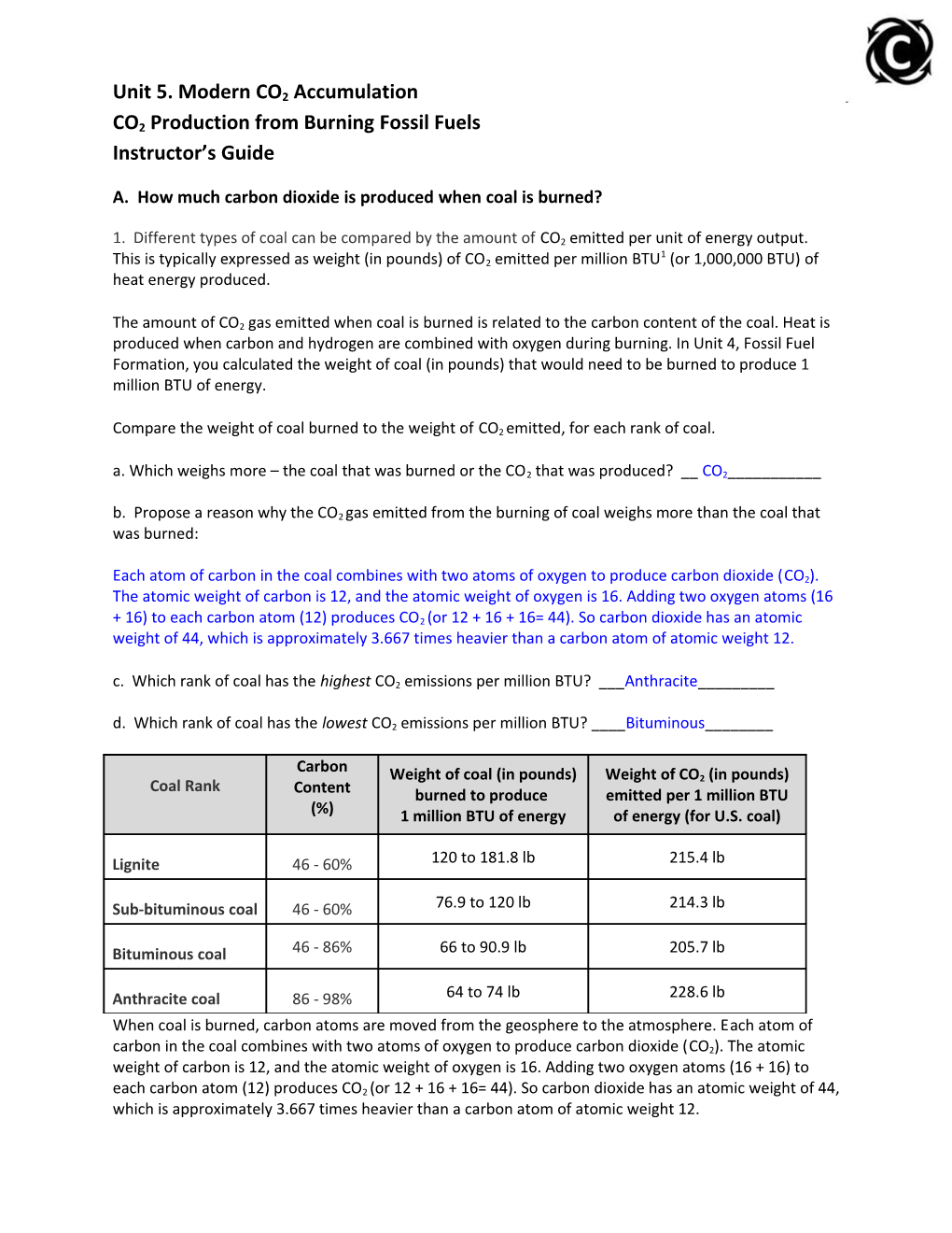 A. How Much Carbon Dioxide Is Produced When Coal Is Burned?