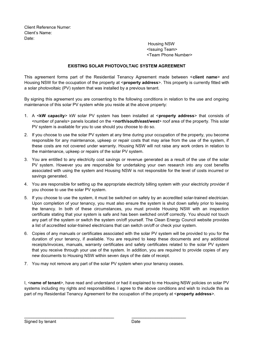 Existing Solar Photovoltaic System Agreement