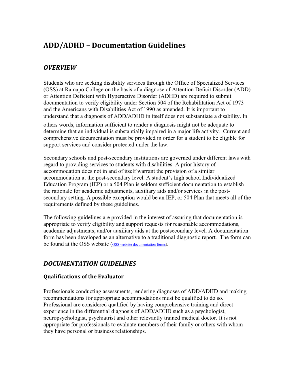 Learning Disabilities Documentation Requirements