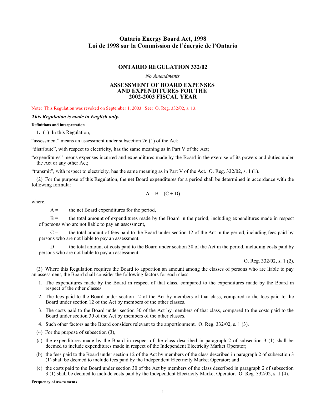 Ontario Energy Board Act, 1998 - O. Reg. 332/02