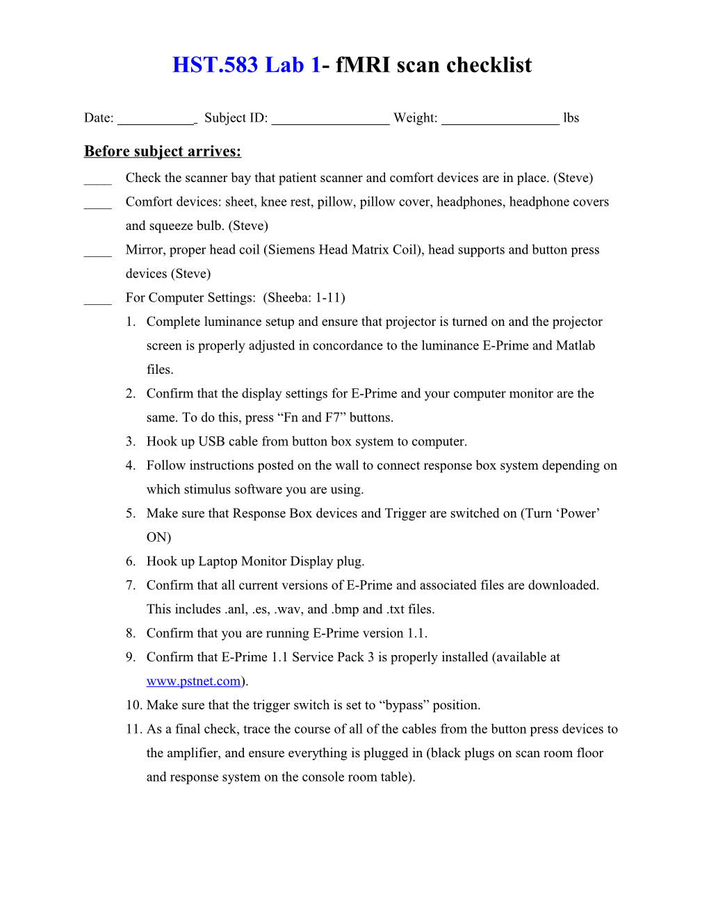 SW Fmri Checklist 8-4-04