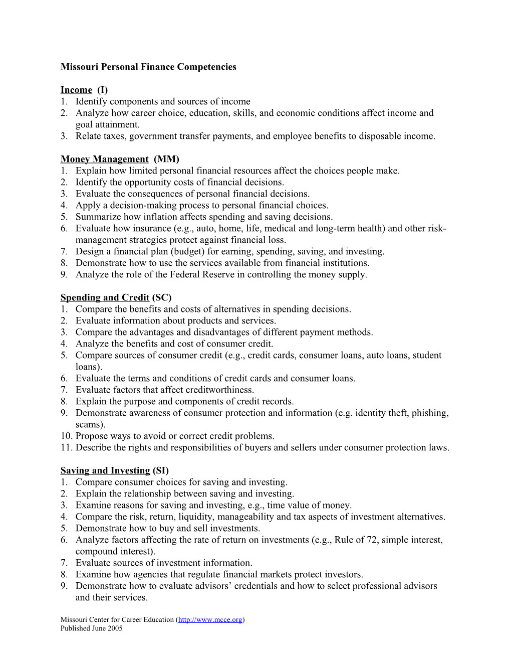 Missouri Personal Finance Competencies/Graduate Goals for All Learners