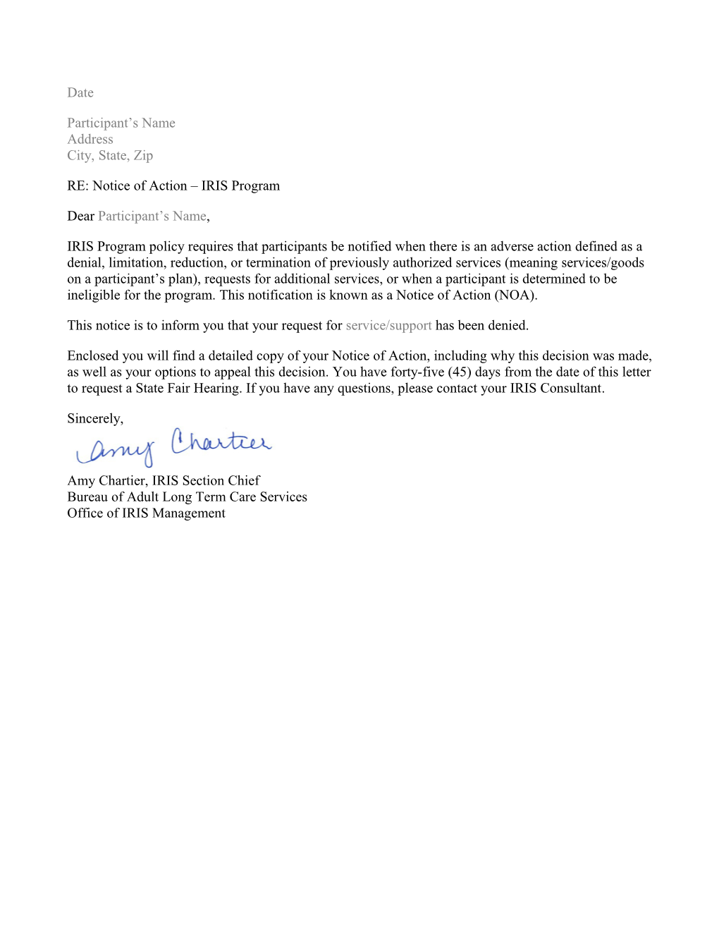 IRIS Notice of Action Letter Denial