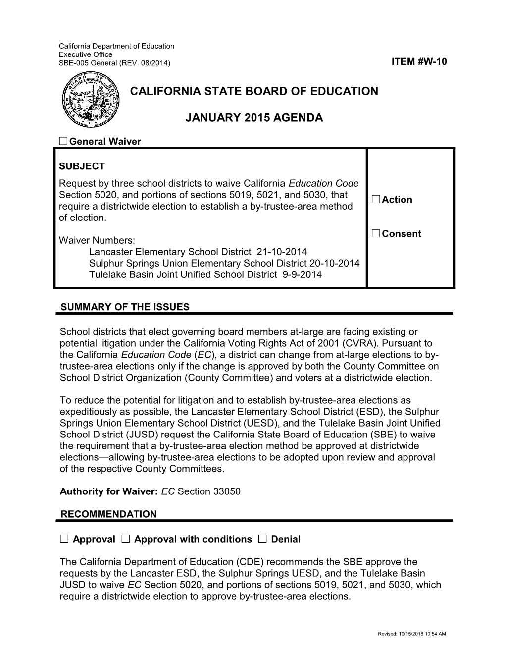January 2015 Waiver Item W-10 - Meeting Agendas (CA State Board of Education)