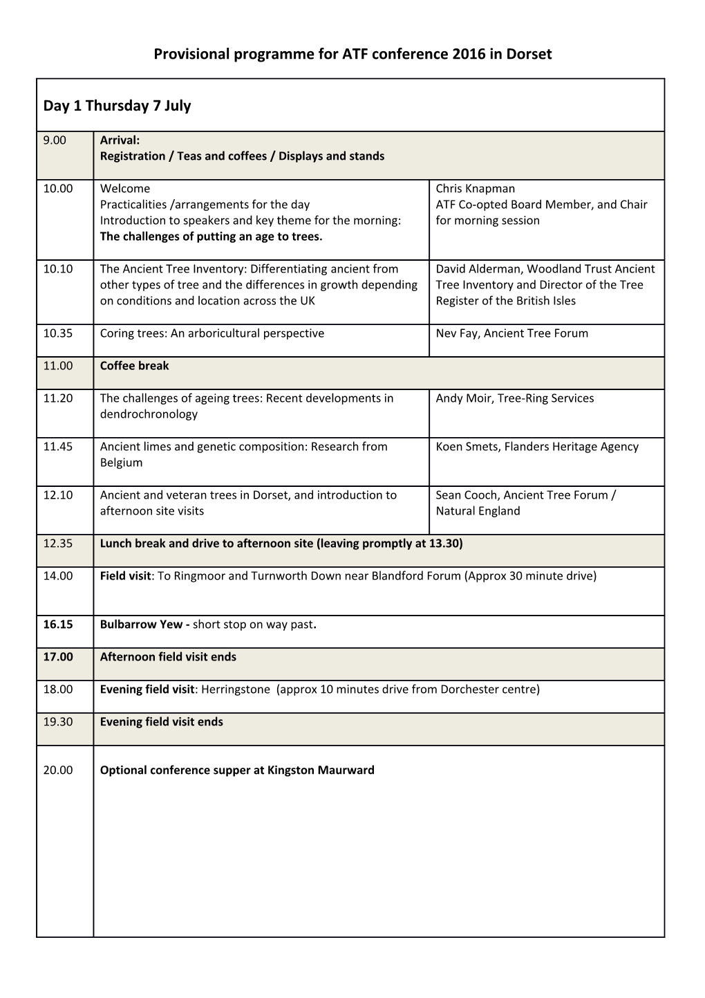 Provisional Programme for ATF Conference 2016 in Dorset