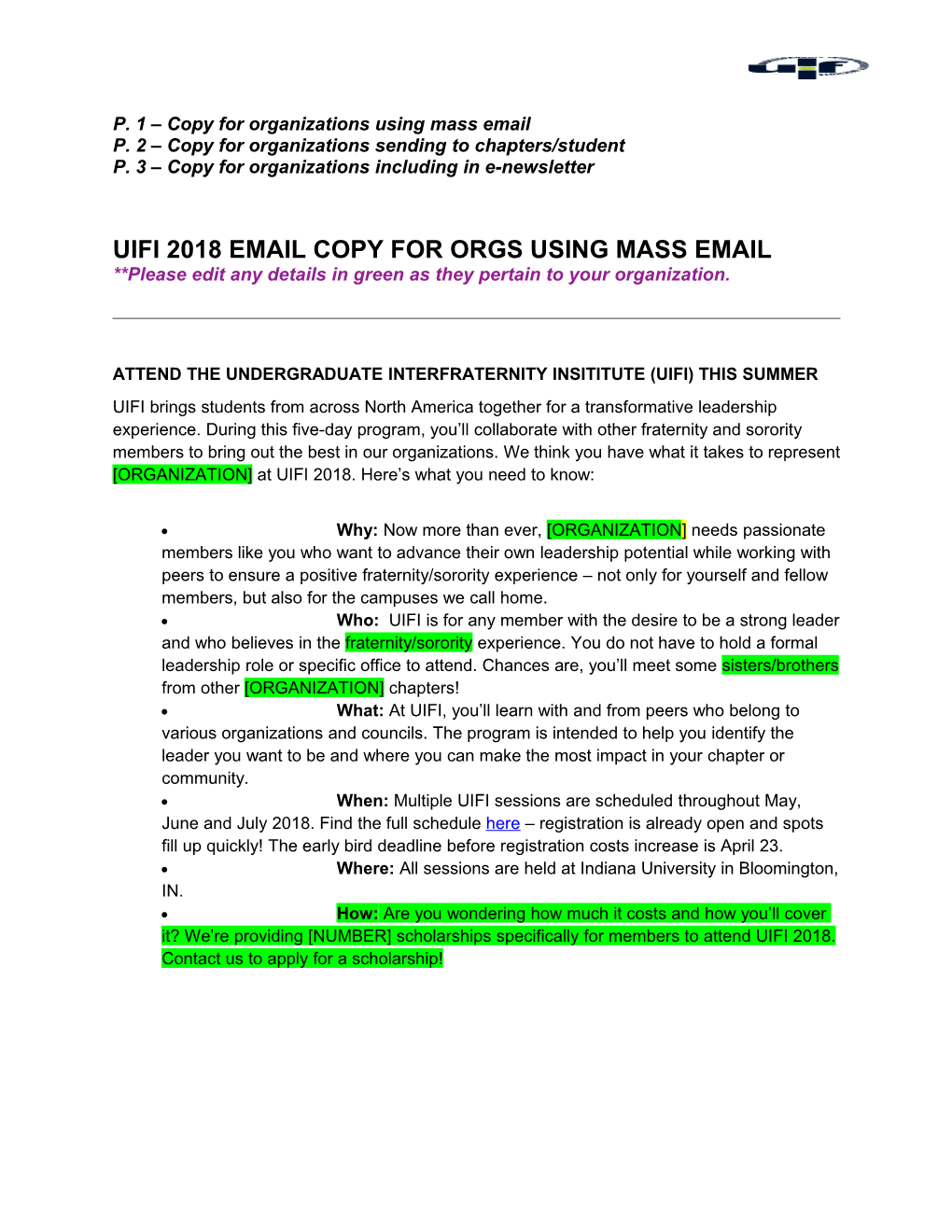 P. 1 Copy for Organizations Using Mass Email