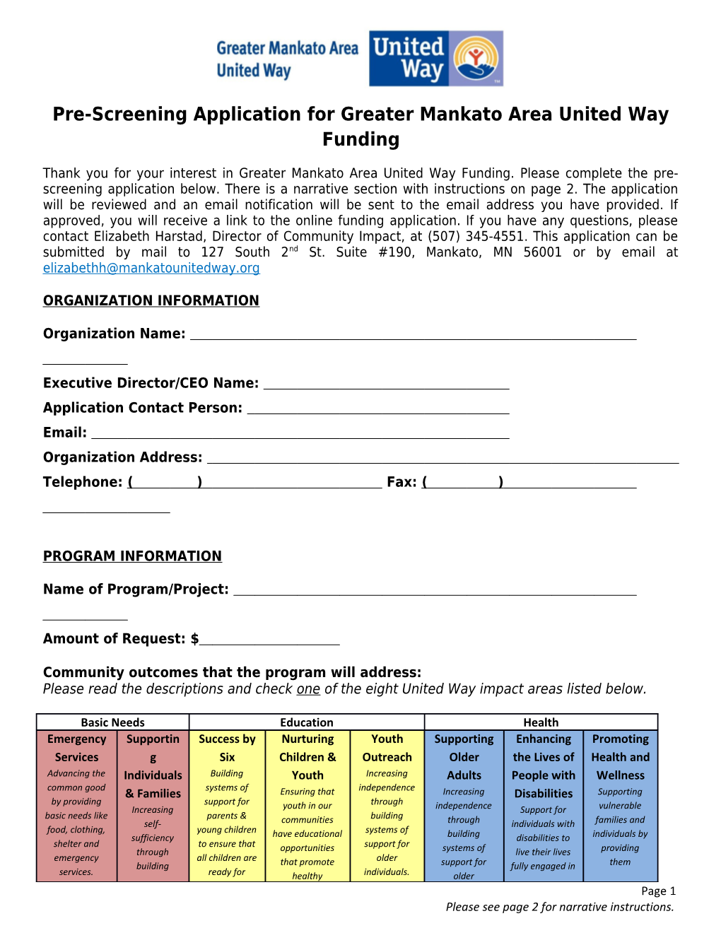 Pre-Screening Application for Greater Mankato Area United Way Funding