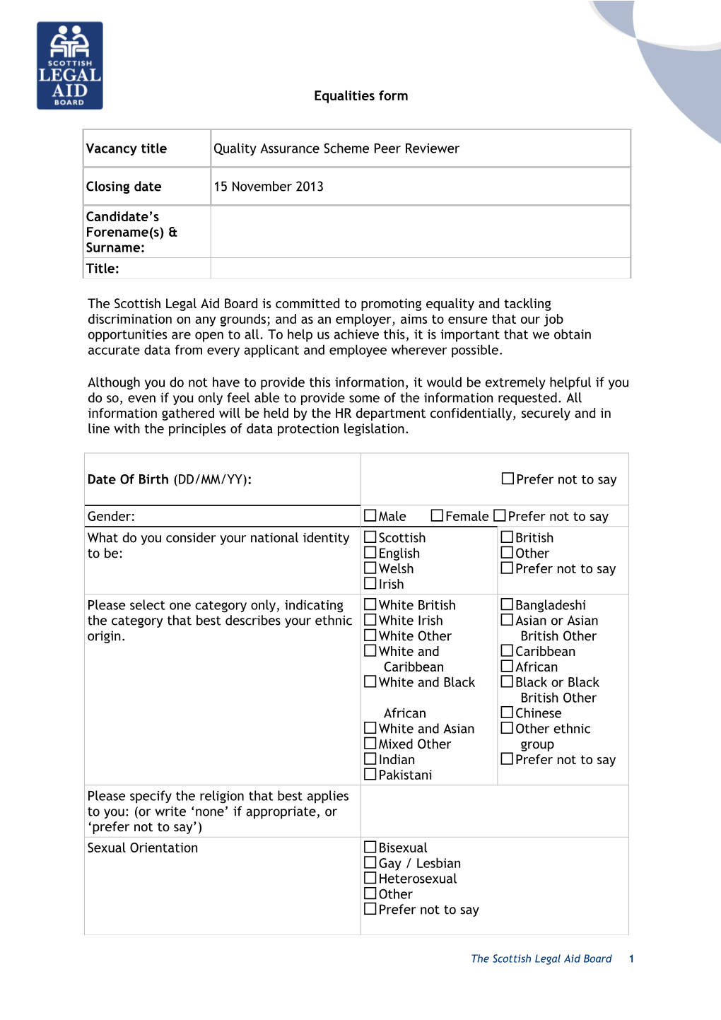 Equalities Form