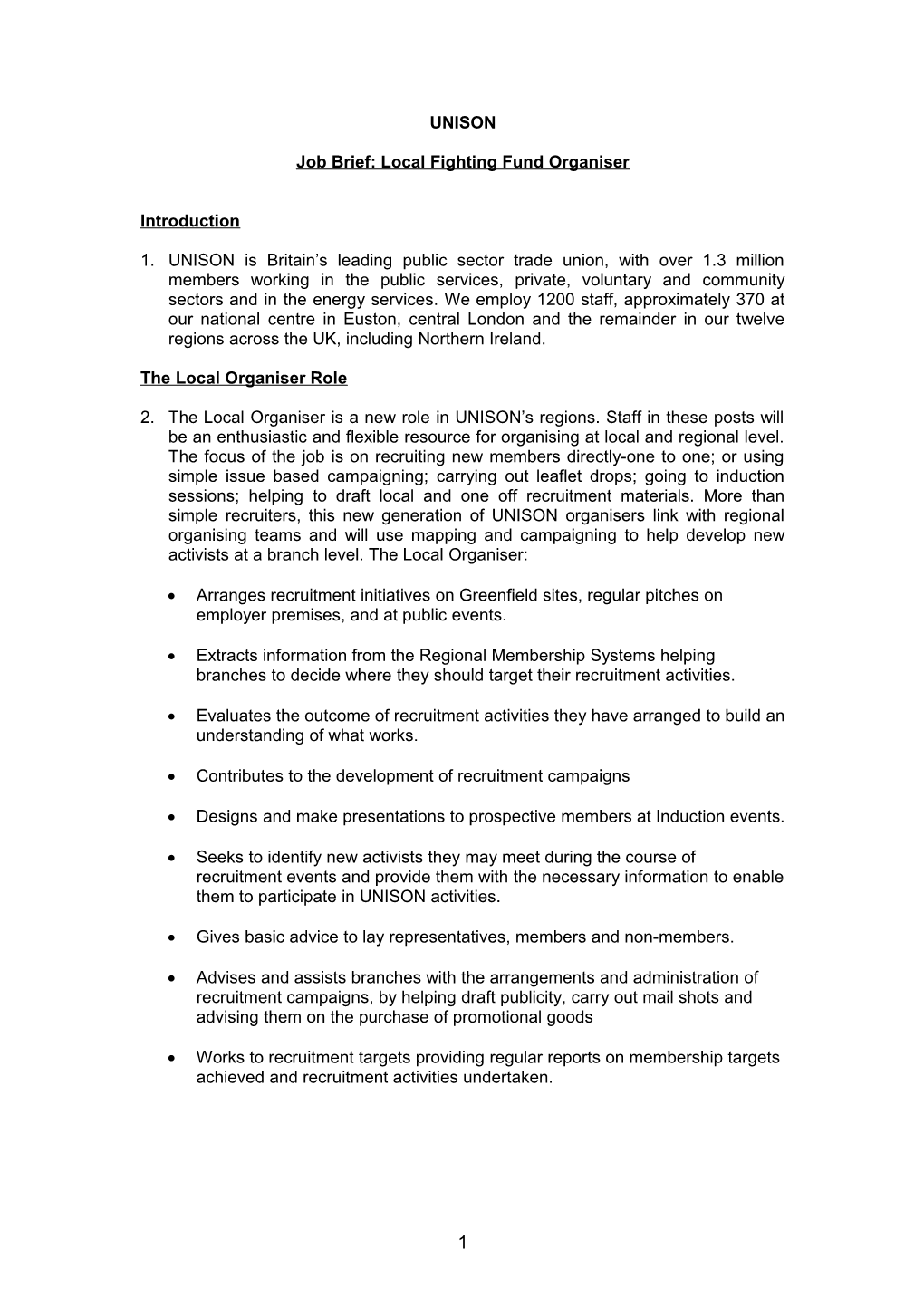 Job Brief JD and Person Spec - Local Fighting Fund Organiser- South East Region - May 2014