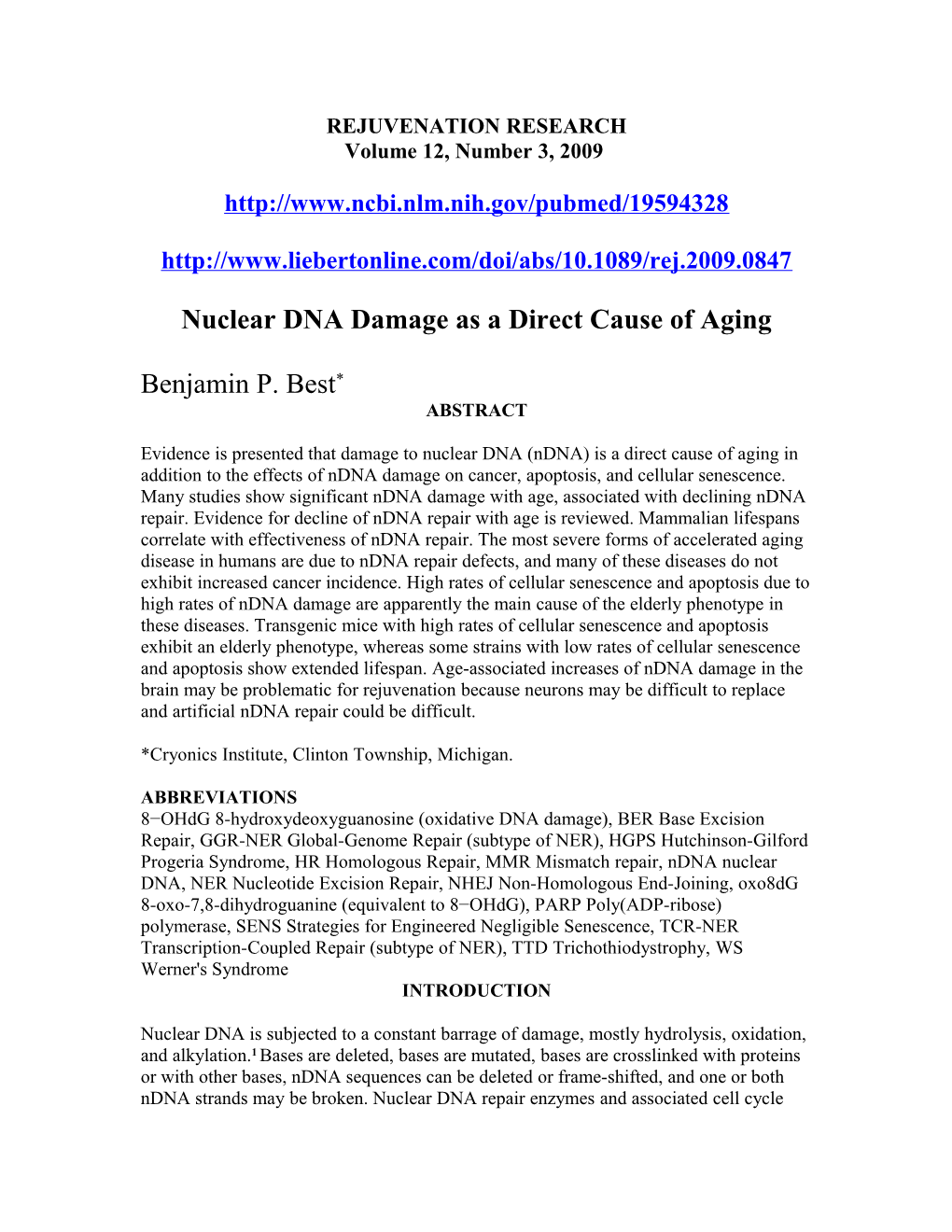 The Non-Carcinogenic Role of Nuclear DNA in Aging and Rejuvenation